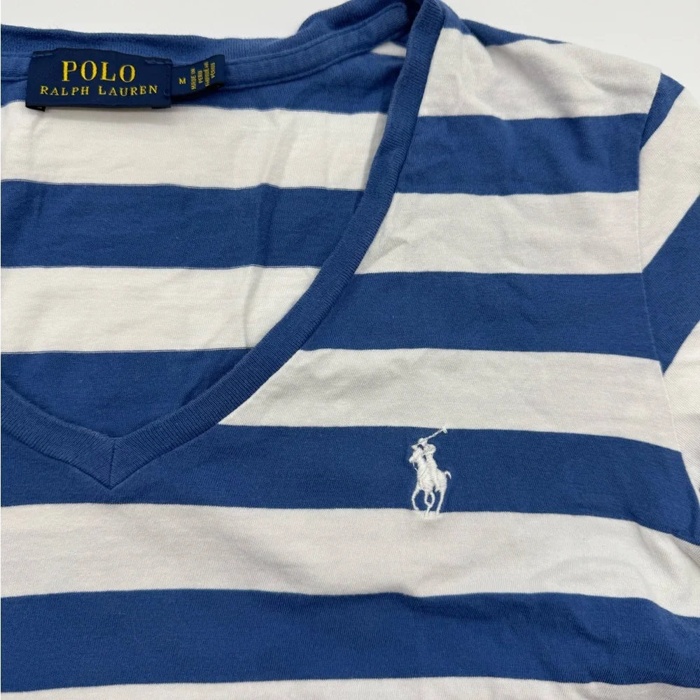 Polo by Ralph Lauren Women's Striped Navy and White Tee, Size Medium - Picture 3 of 11